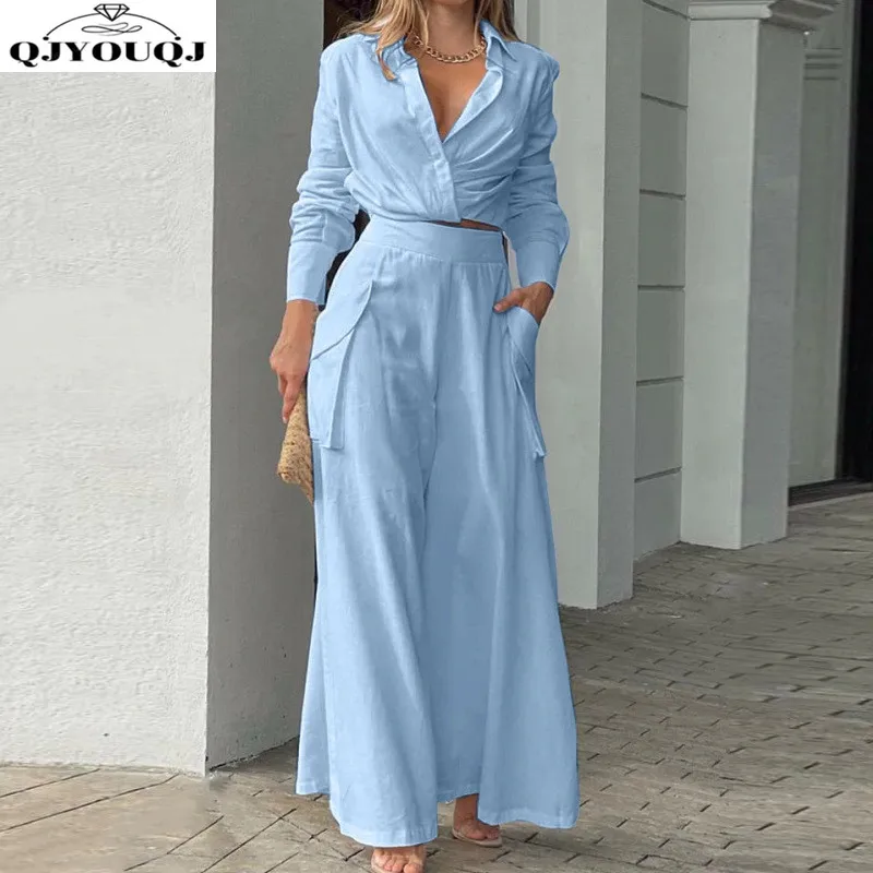 

Summer European and American style new women's clothing temperament trend shirt+fashionable wide leg pants two-piece set