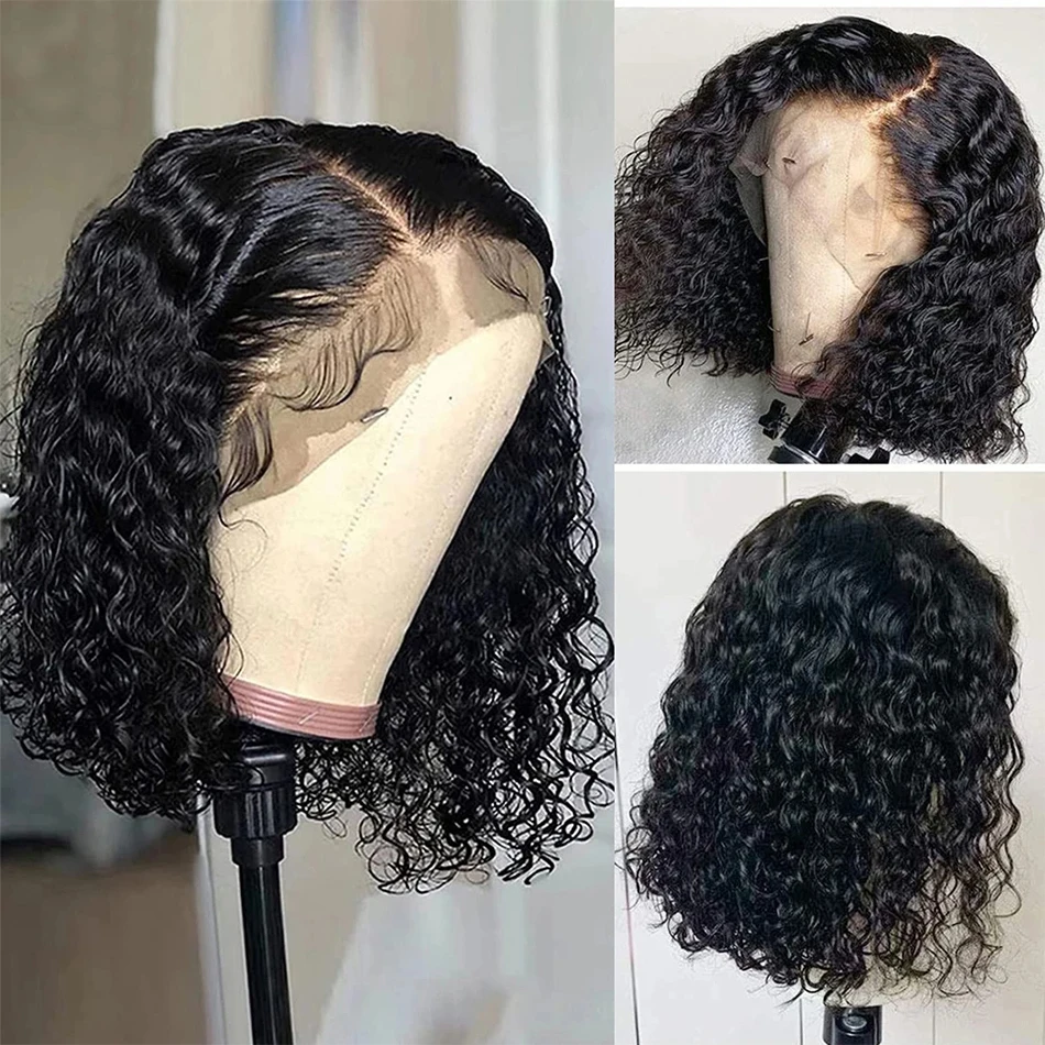 Curto encaracolado Bob peruca, água profunda onda perucas, 100% cabelo humano, transparente Lace Frontal peruca, 4x4 peruca dianteira do laço, 12 14 Polegada, 200 Densidade