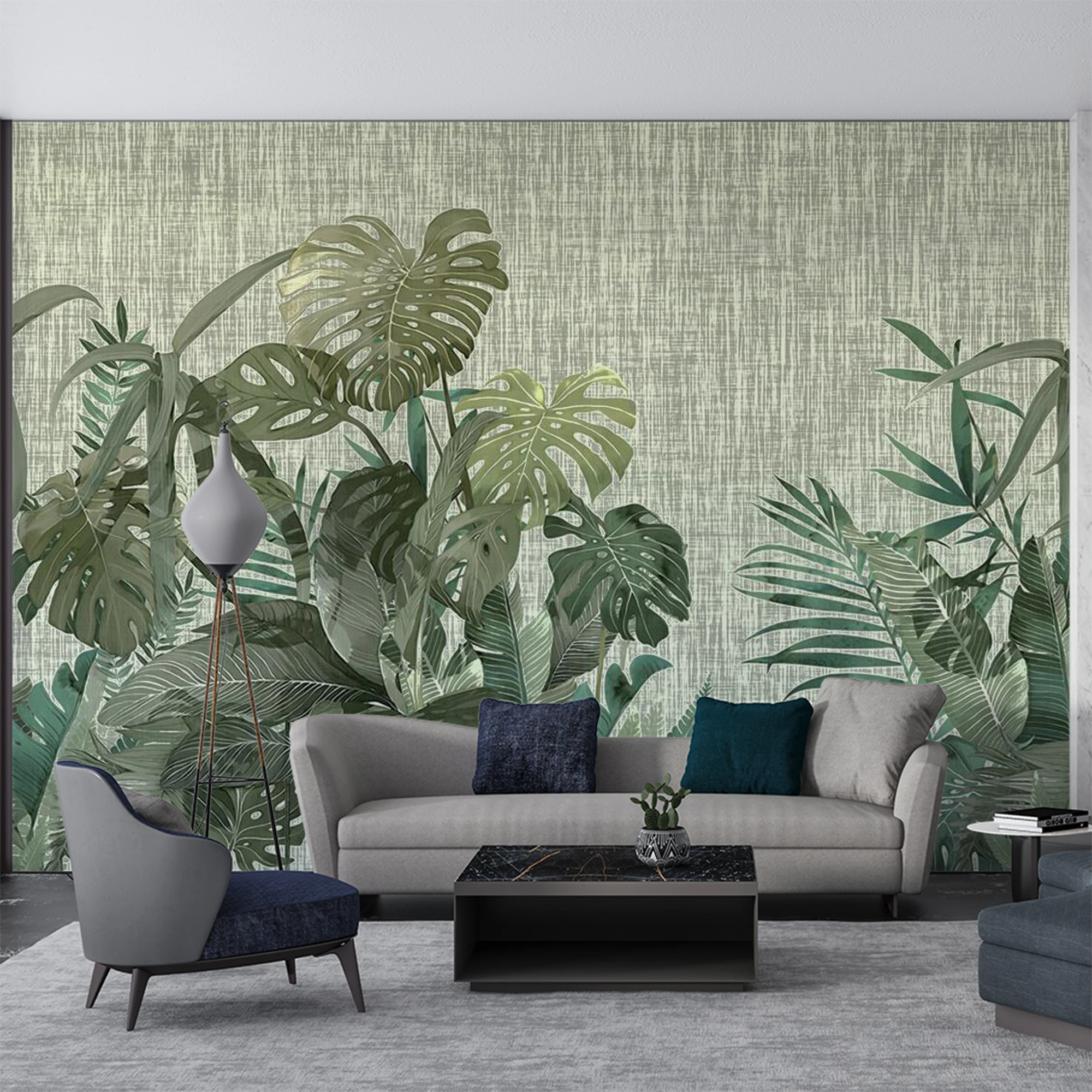 Custom elf‑Adhesive Wall Mural Linen Texture Tropical Monstera Leaf Wallpaper Green Botanical for Living Room Bedroom Decor