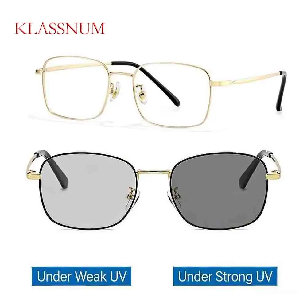 KLASSNUM 2026 Vintage Men Photochromic Anti Blue Light Glasses Trend Metal Spectacle Frame Outdoor Sunscreen Shades