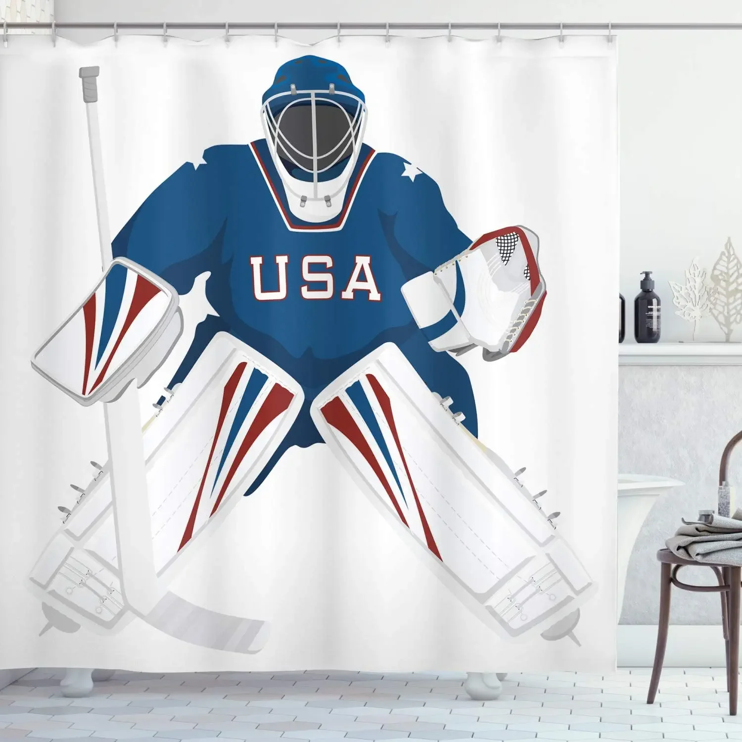 Sports Shower Curtain USA Hockey Goalie Protection Jersey Sport Wear Activity Hobby Illustration Bathroom Decor Set with Hooks