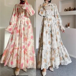 Ramadan Eid Muslim Abaya for Women Flower Print Dresses Jalabiya Folds Vestidos Islam Arab Long Robe Morocco Dubai Abayas Kaftan