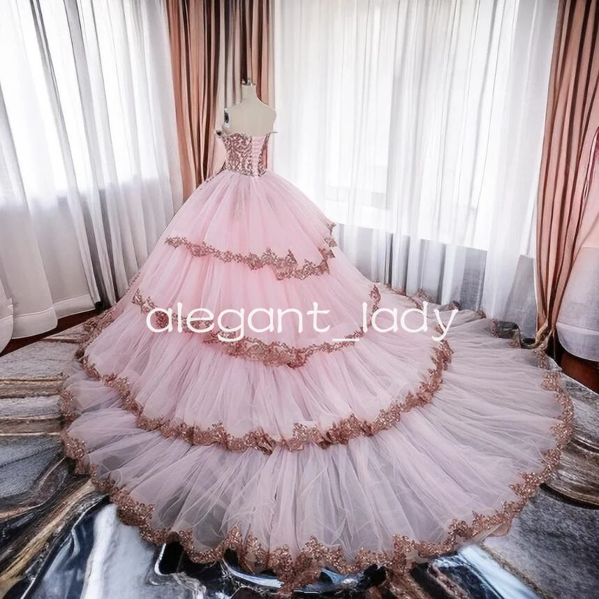 Vestidos de Quinceañera de cola de la capilla rosa, apliques de lentejuelas de Gillter, corsé de princesa con hombros descubiertos, vestido de baile de graduación, 15 años