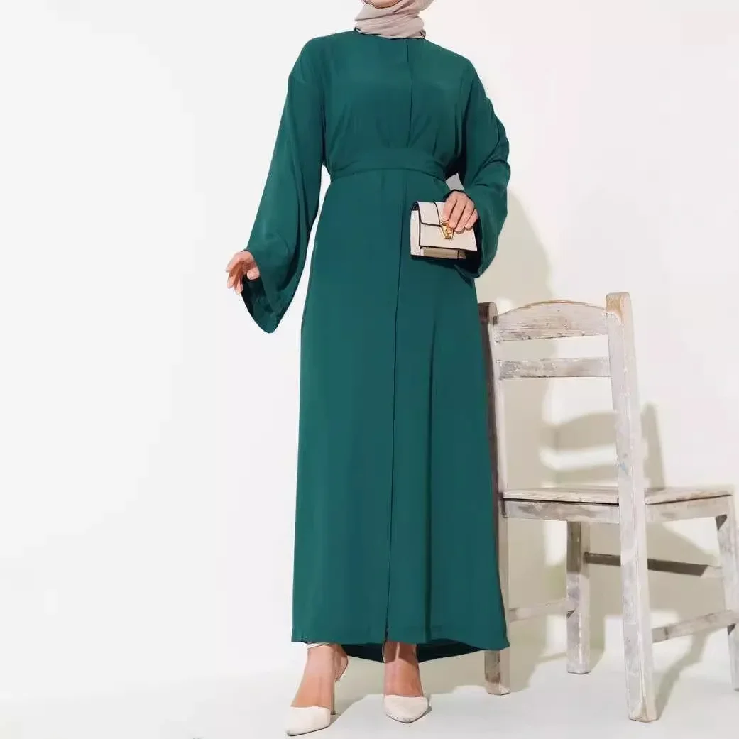 Elegant Temperament Women's Muslim Cardigan Long Robe Ethnic Style Solid Color Round Neck Casual A-Line Skirt Dress