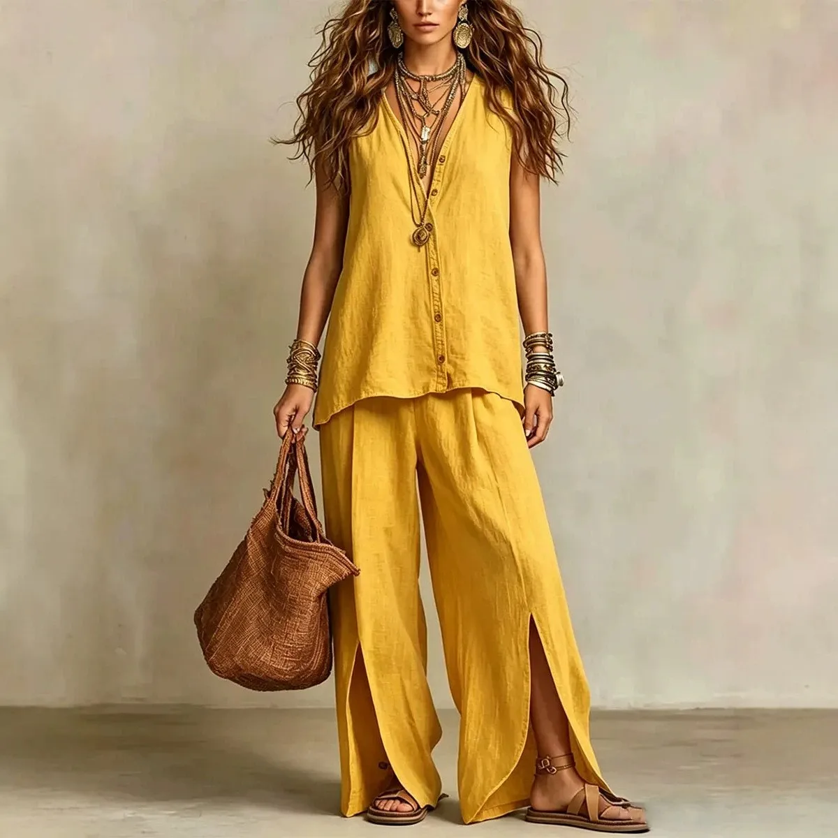 

Summer Women's Suit 2 Piece Set Sleeveless Top Pants High Waist Casual Trousers Wide Leg Pants Boho Style Yellow Linen Pants
