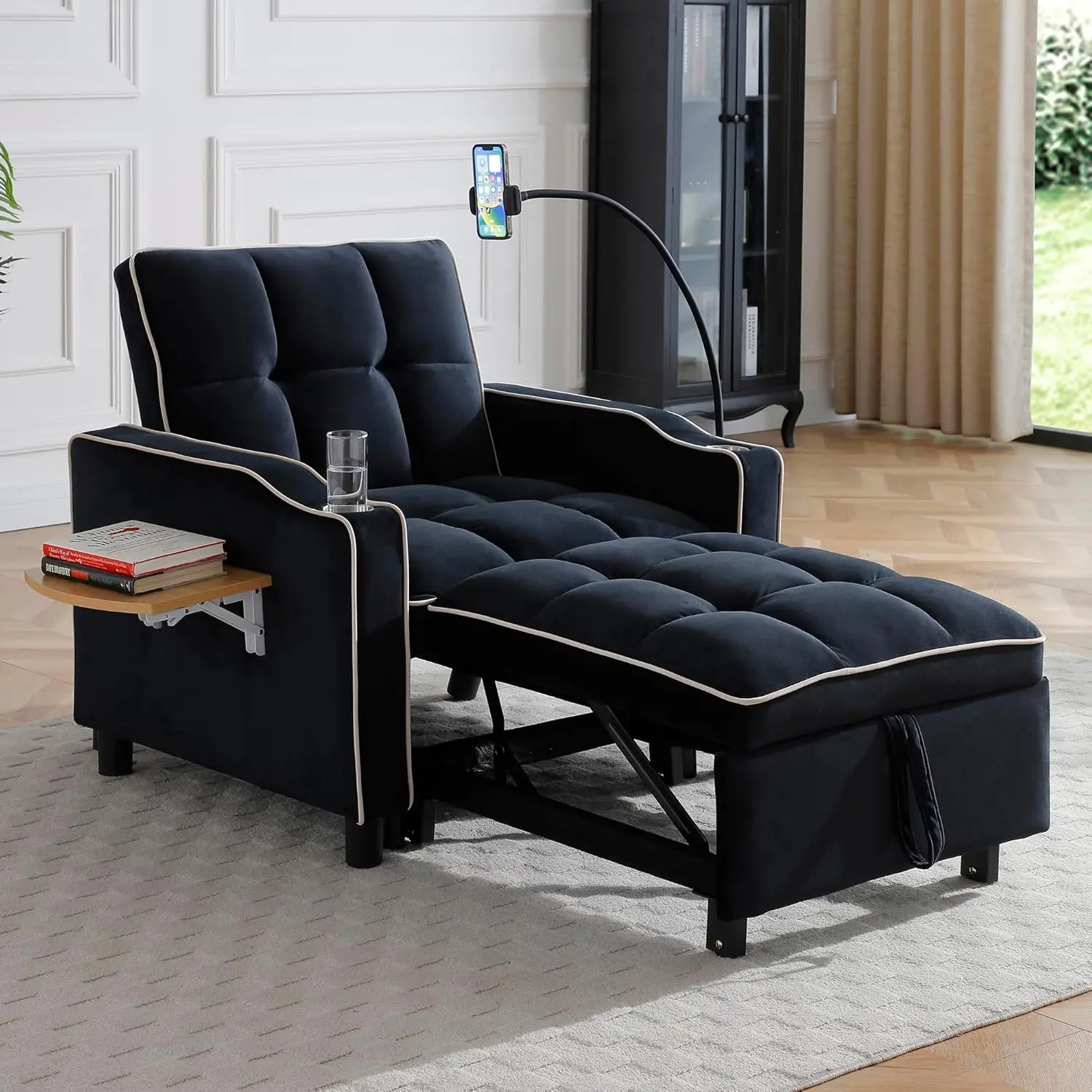 3-in-1 Convertible Velvet Sofa Chair Bed with Side Table Folding Sofa Couch with Pull Out Sleeper Bed with Cup Holder and Phone