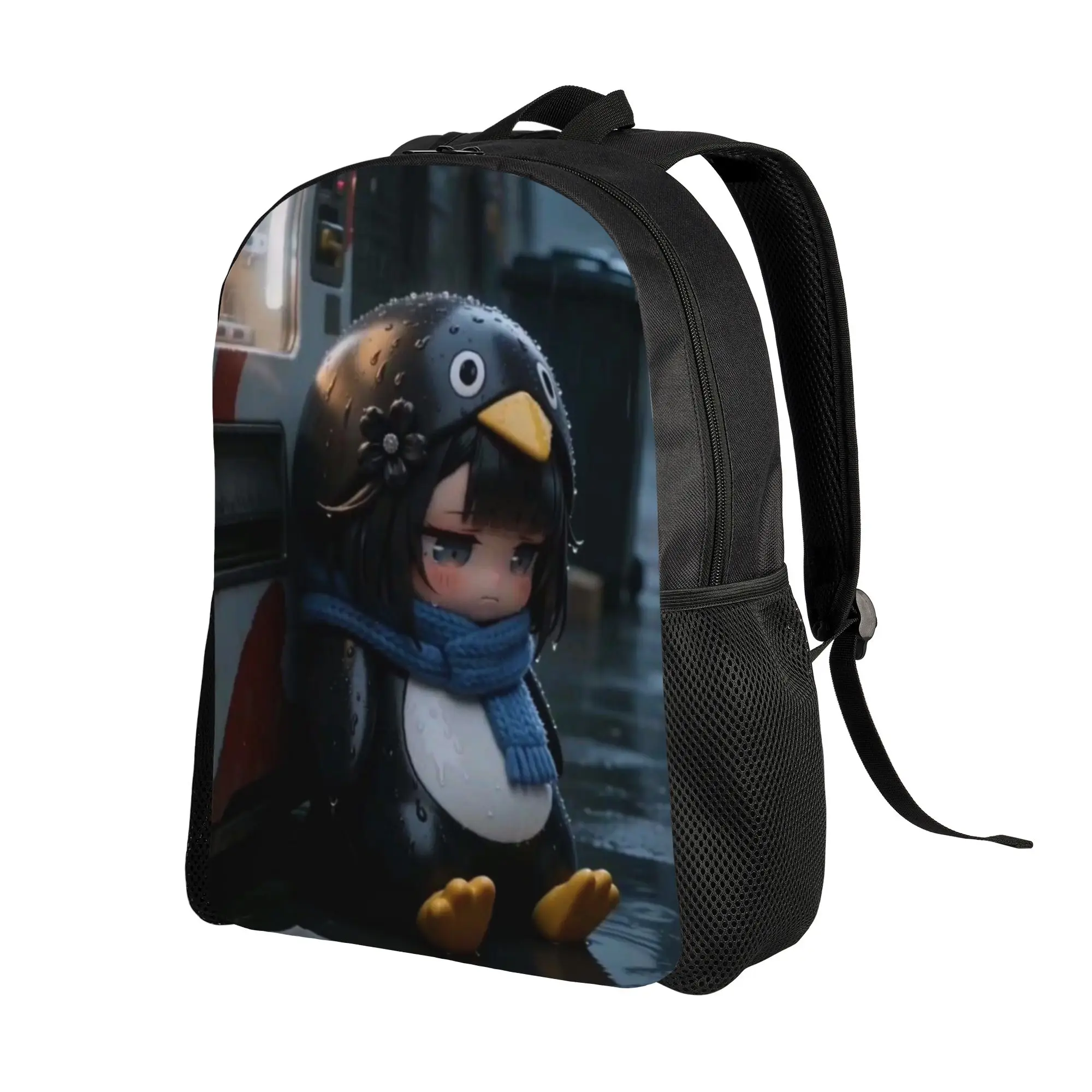 Knapsack Back to school season Rainy Street Chibi Penguin Cute Kawaii Lonely Character gugu gaga  Multi-Function Backpack