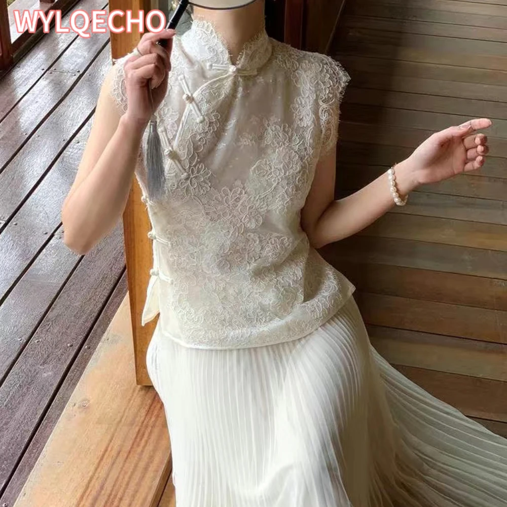 2023 summer new vintage embroidery top lace chinese style plate buckle standing collar sleeveless top for women qipao blouse