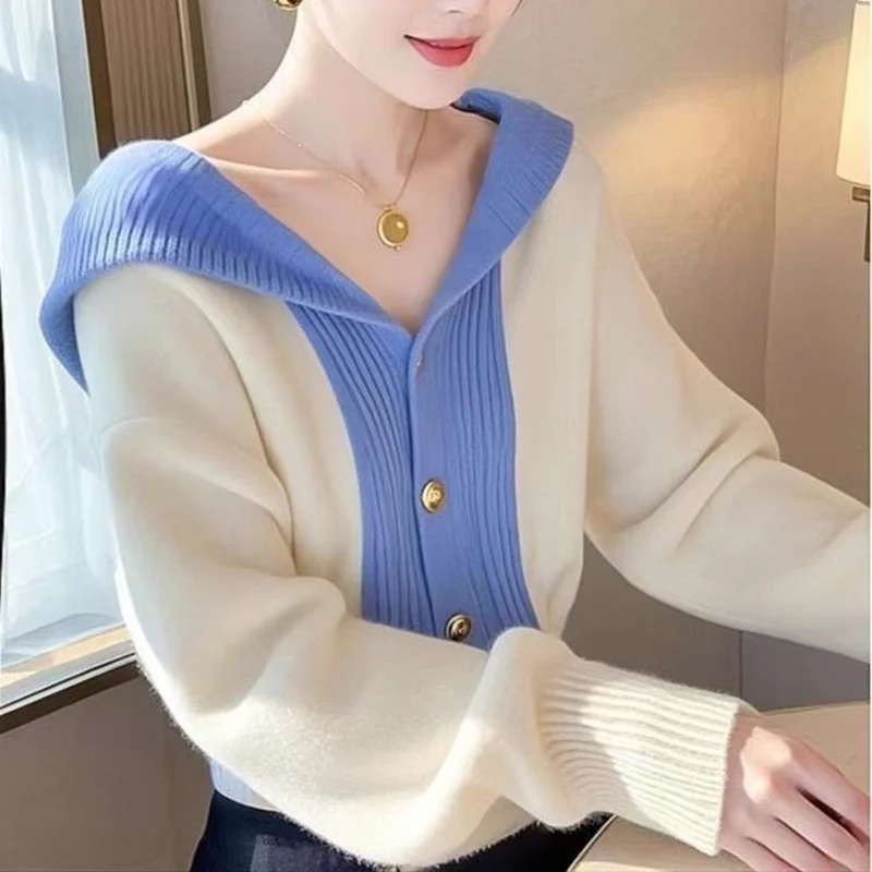 

Женский свитер с капюшоном, пальто, новинка 2026, свободная вязаная куртка с длинными рукавами и цветными блоками, эластичная теплая верхняя одежда, топ, кардиган, свитер