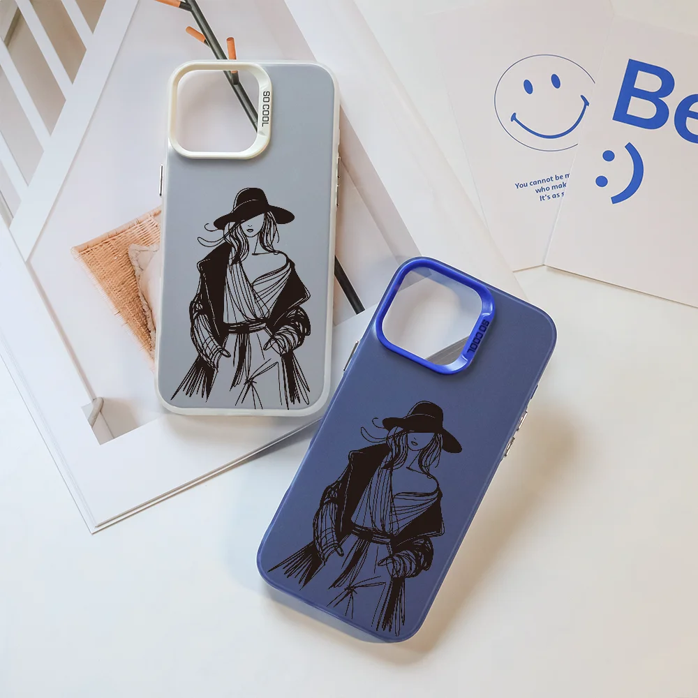 

Fashion Model Sketch Phone Case For iPhone 16 Pro Max 15 14 13 12 11 Plus Aurora Laser Shockproof Funda Anti Fall Matte Back