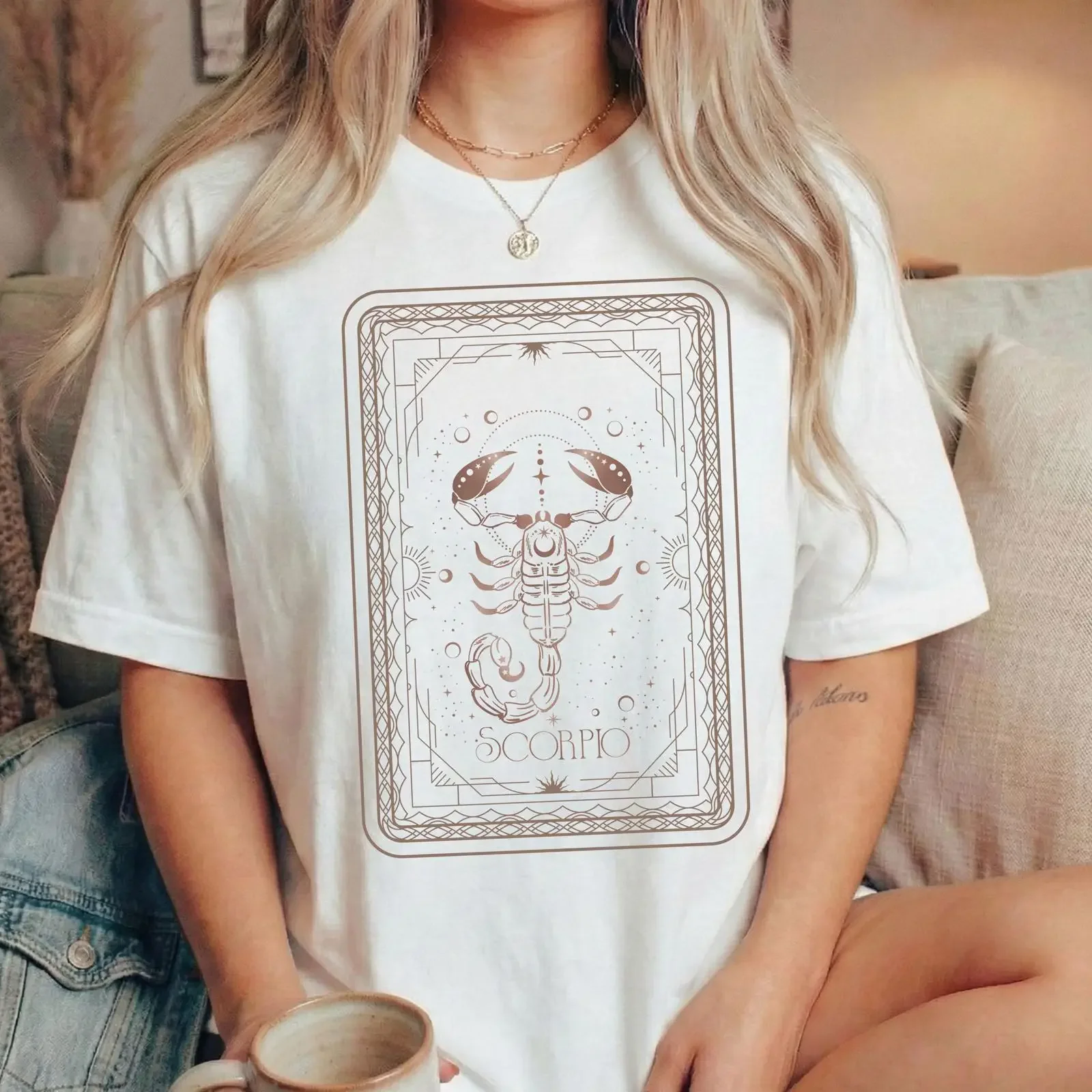 Boho Scorpio Tarot T Shirt Zodiac Astrology October November Birthday Horoscope Star Sign Casual vintage Washed graphic
