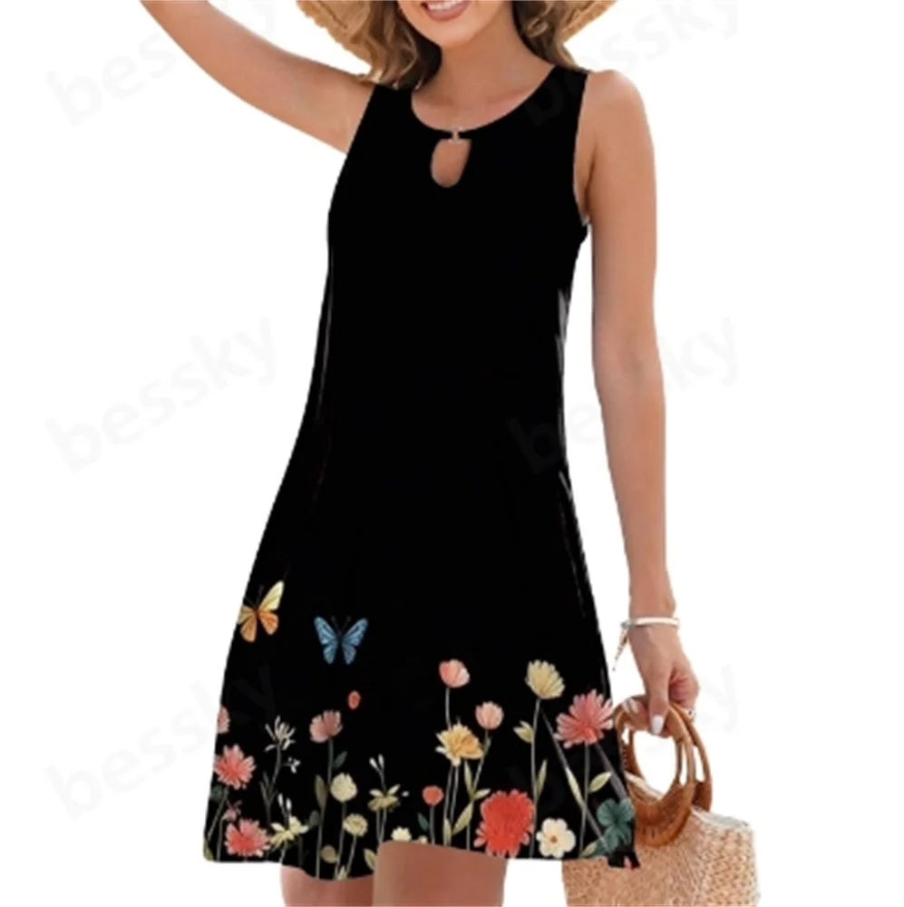 

Ladies Casual Sleeveless Mini Dress with Ring Buckle Fashionable Summer Dress for Women