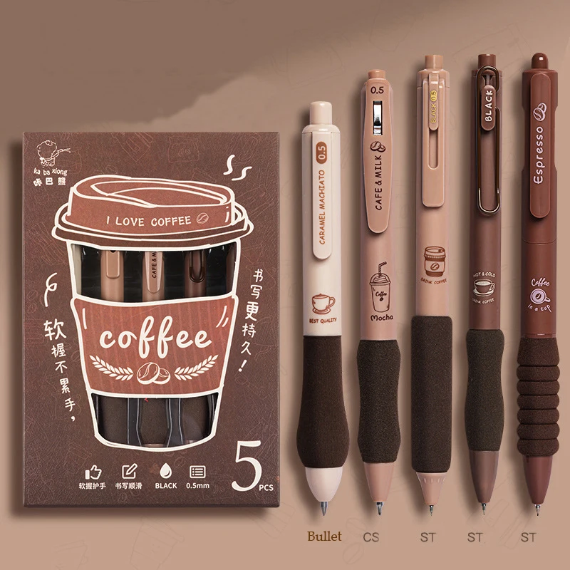 Juego de bolígrafos de Gel de la serie Coffee, bolígrafo de papelería de tacto suave, bolígrafos de escritura de recarga negra para estudiantes, suministros escolares de oficina, 0,5mm, 5 unids/lote por paquete