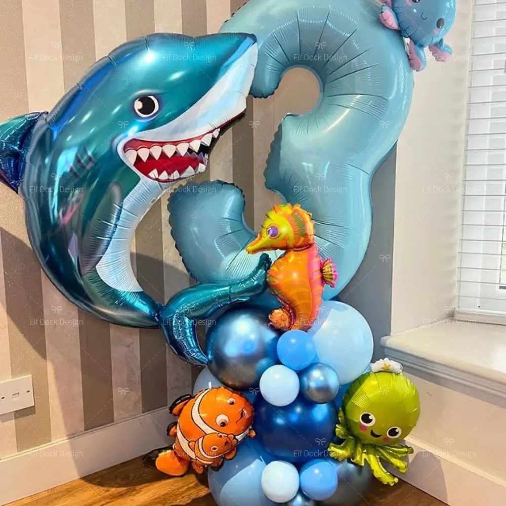 1Set Unterwasserwelt-Serie Cartoon Oktopus Seepferdchen Hai Blaue Zahlen Kindergeburtstag Party Dekoration Zubehör Luftballons