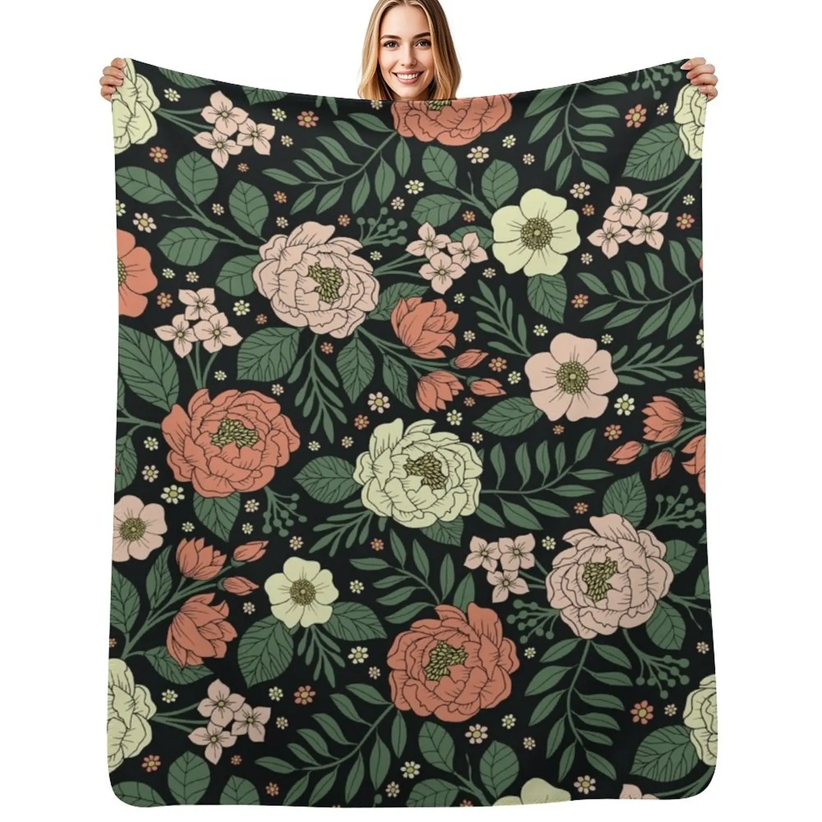 

Peach, Green & Coral Floral Pattern Throw Blanket All Weather Soft Throw Blanket for Sofa