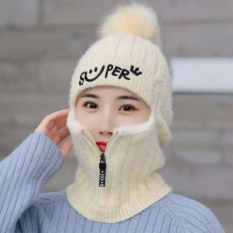 Coral Fleece Winter Women Knitted Hats Add Fur Warm Winter Hats For Women With Zipper Keep Face Warmer Balaclava Pompoms Caps