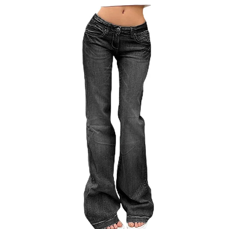 Y2K Vintage Flare Jeans for Women Sexy Low Rise Slim Fit Stretch Washed Denim Pants Harajuku Streetwear Wide Leg Jean Trousers