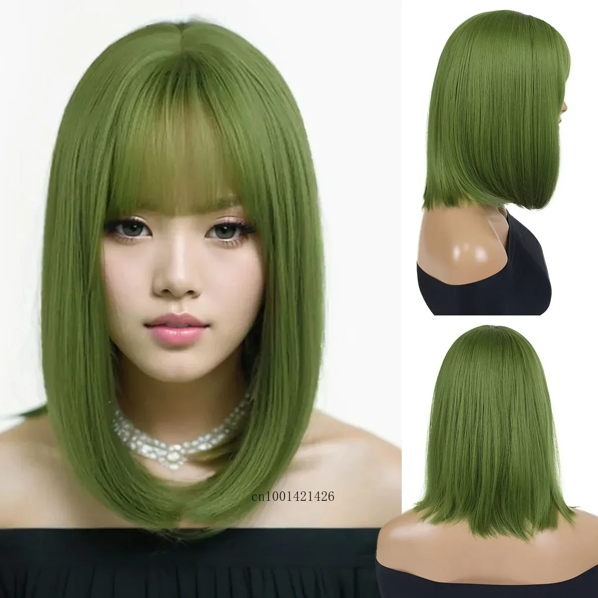 Synthetic Hair Green Wigs Cosplay Halloween Costume for Women Short Bob Wig with Bangs Straight Hairstyles Short Wigs 16 Inches