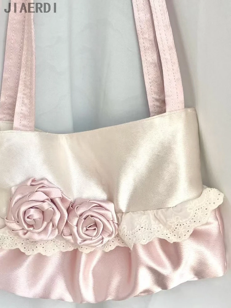 لوليتا الحرير المرقعة زهرة الورد حقيبة كتف المرأة الحلو الدانتيل التباين اللون حقيبة تحت الإبط لطيف Y2k محفظة أنيقة وحقائب اليد #4