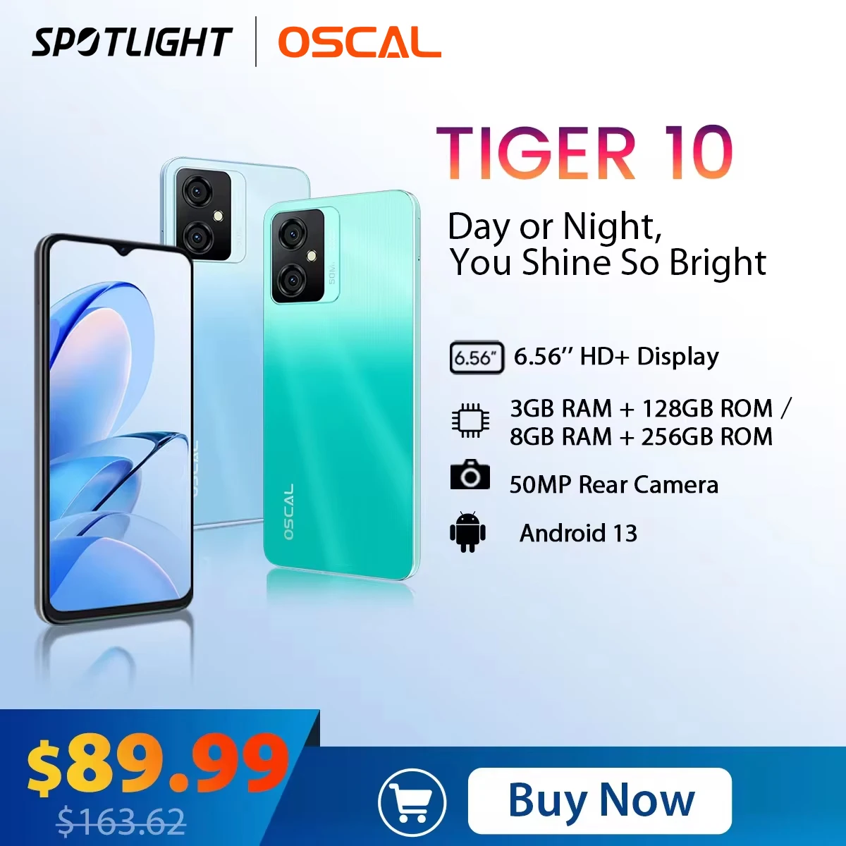 OSCAL TIGER 10 Android 13 Smartphone, 6.56'' HD+ Display 16GB(8+8) RAM 256GB ROM Octa-Core T606, 50MP 5180mAh Cellphone