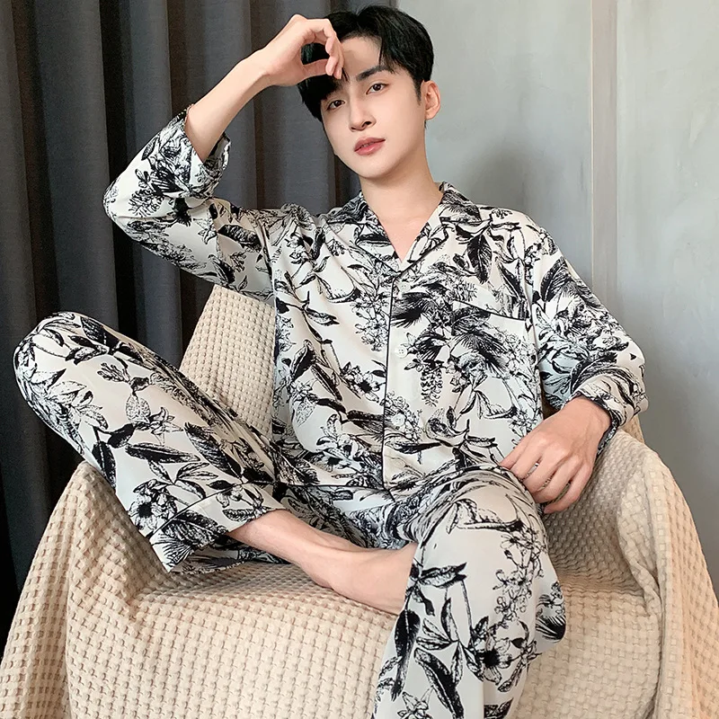 

Summer Autumn Men Pajamas Home Clothing Silk Satin Long Sleeve Trouser Suits Sleepwear Loose Casual Print Male Loungewear