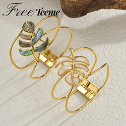 Freeteeme Exaggerated Colorful Leaf Shaped Shell Bangle Couple Gold-plated Stainless Steel Hollow Buckle Bracelet Jewelry Gift