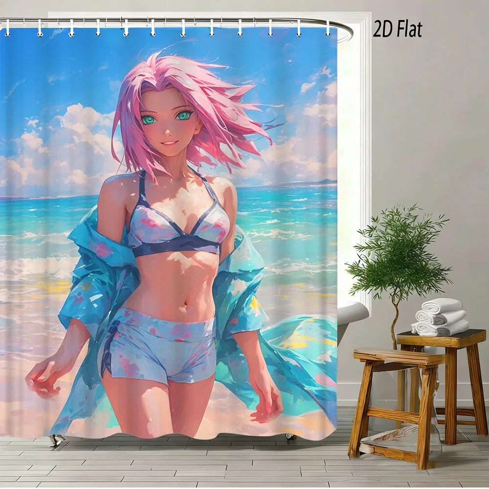 

2D плоская аниме-занавеска для душа с сакурой и синим тай-дай принтом, водонепроницаемая, для пляжа и ванной комнаты