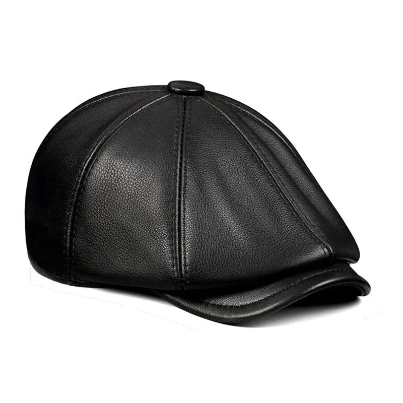 

Men Street Bonnet Real Leather Beret Male Thin Hats 55-62cm Brown Forward Cap Leisure Duckbill Casquette Cowhide