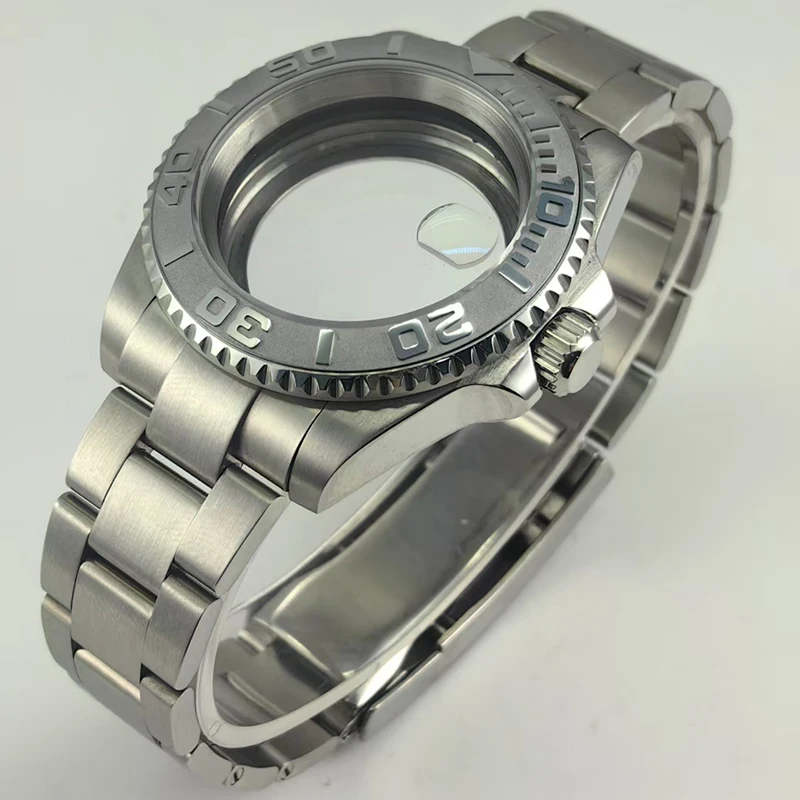 40 مللي متر علبة فضية قفل منزلق مشبك ملحق NH35 الياقوت الزجاج الفضة السيراميك الحافة NH35/36 حركة الظهر الزجاج الشفاف