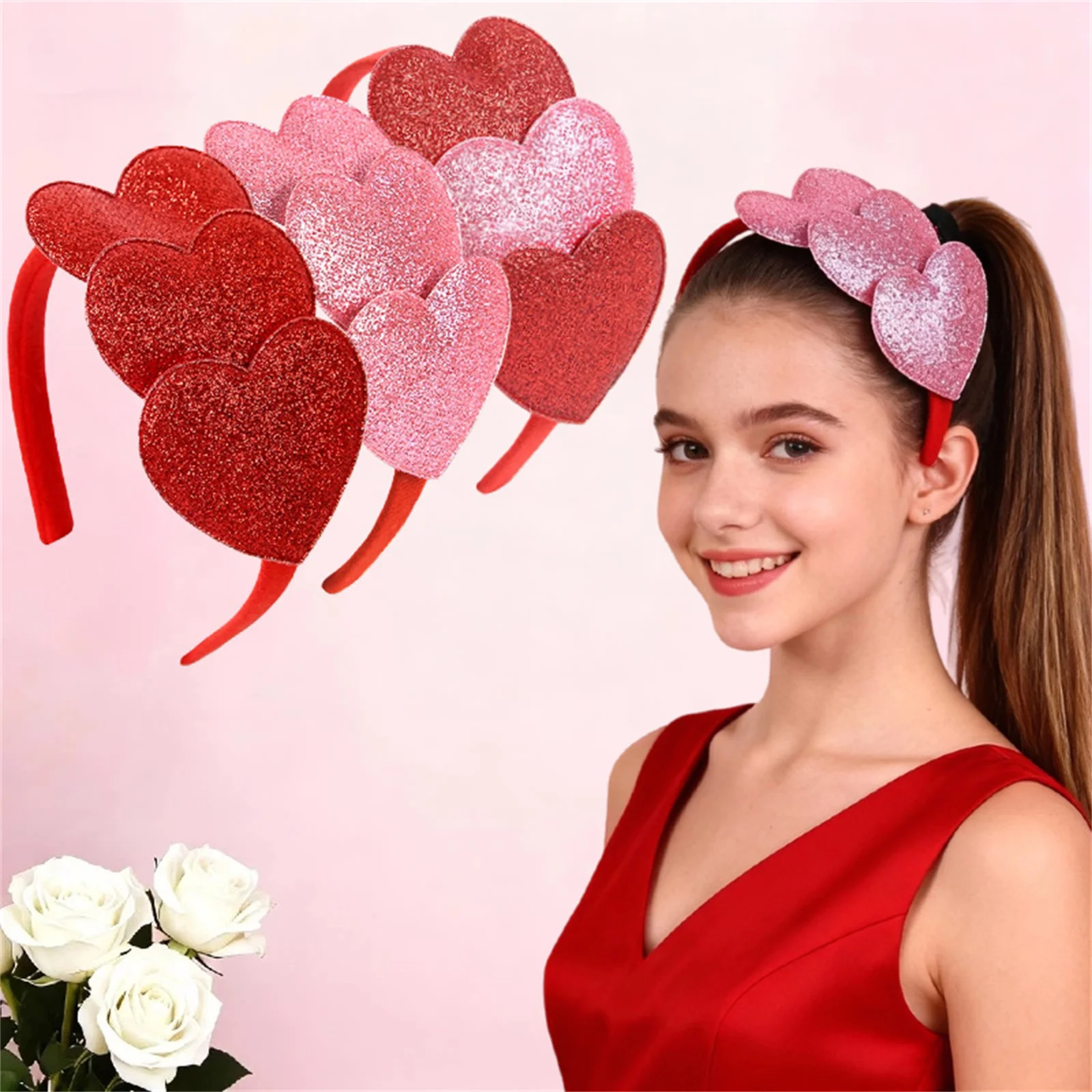 

Valentine's Day Women Red Glitter Heart Shaped Headband Ladies Fashion Hair Hoops Festival Wedding Party Hair Accessory