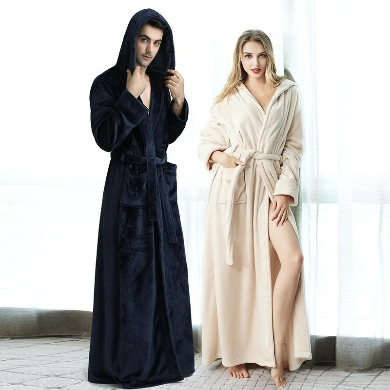 

Women Hooded Extra Long Warm Velvet Bathrobe Lovers Winter Flannel Bath Robe Floor Length Thermal Dressing Gown Men Sleepwear