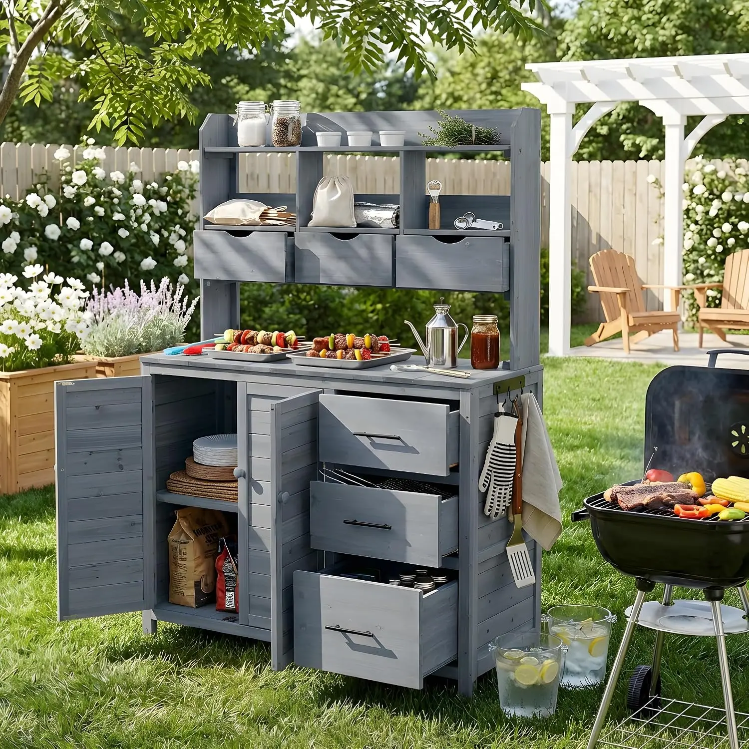 Outdoor Potting Bench with Hutch & Storage Cabinet, 65 in, Customized