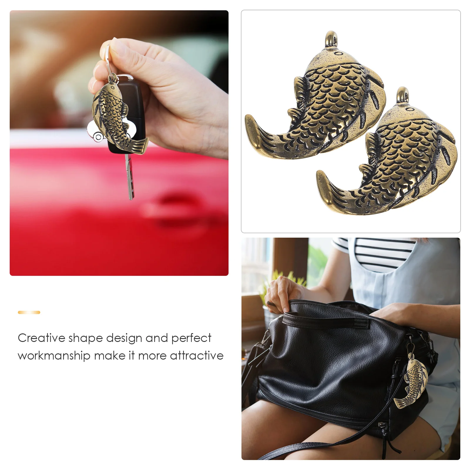 

2 Pcs Brass Carp Keychain Pendant Handbag Craft Keychains Charm Decorative Pendants