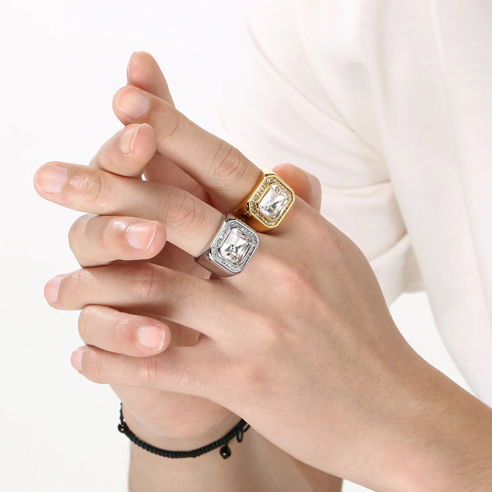 Fongten Affordable Luxury Comfortable Green Stone Rhinestone Stainless Steel Ring Steady Men's Fashion Jewelry Banquet Gifts