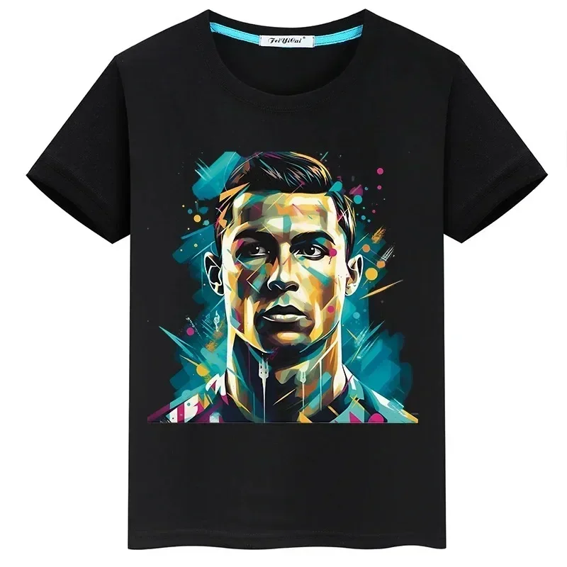 Ronaldo Football Star Printed Children's Clothing Kids Summer Short-sleeved Boys Girls Black Cotton T-shirt Sportswear Tops