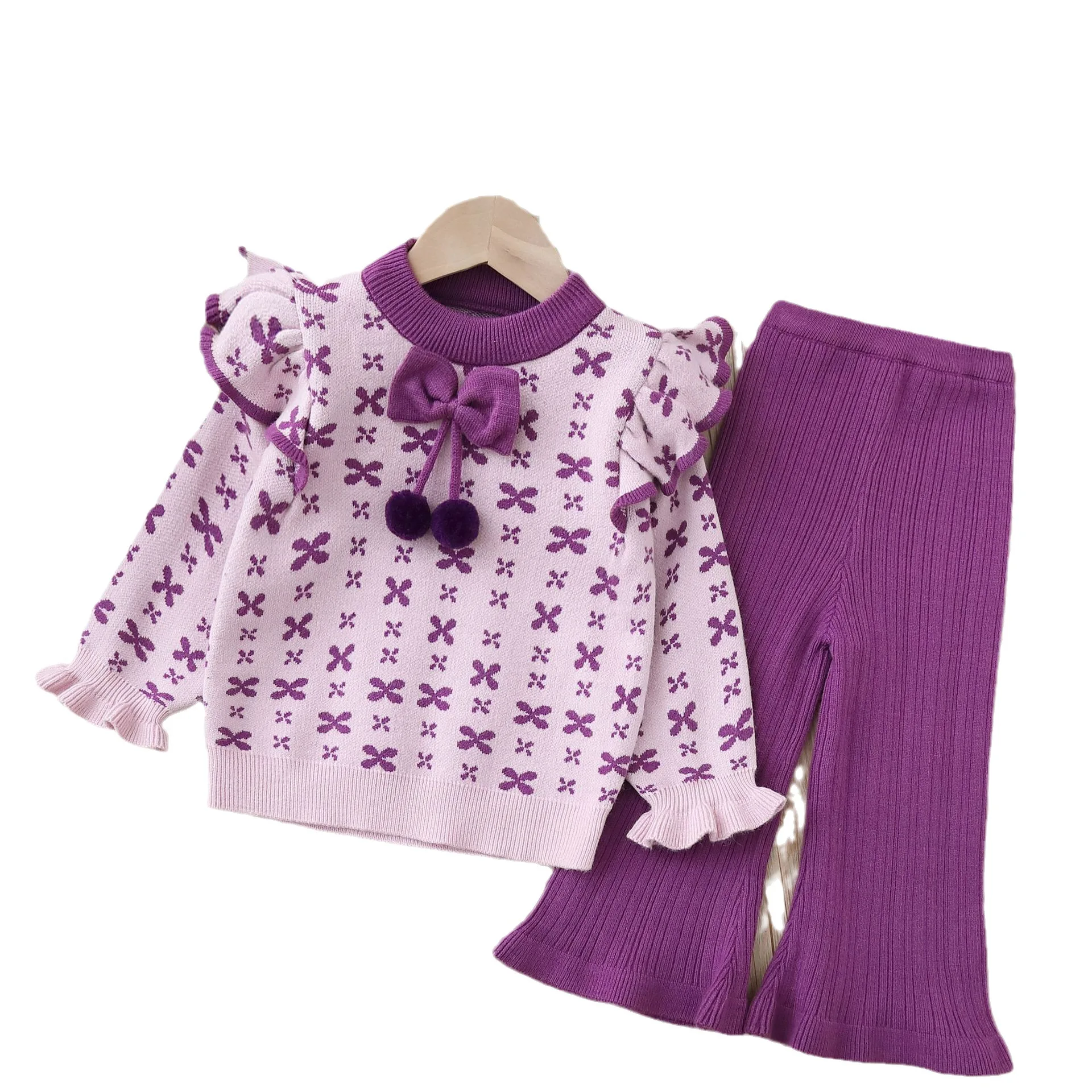 طقم سترة بناتي بنمط جديد للخريف والشتاء، سترة علوية وسروال برقبة دائرية للفتيات الصغيرات، 2-6 سنوات