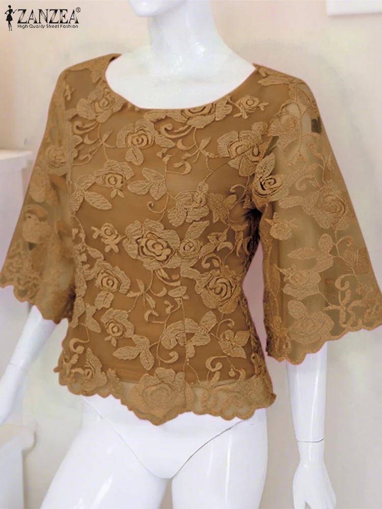 

ZANZEA Lace Tops Summer See Through Mesh Blouse Women Casual Flare Sleeve Tunic 2025 Beach Blusas Vintage Floral Pullovers
