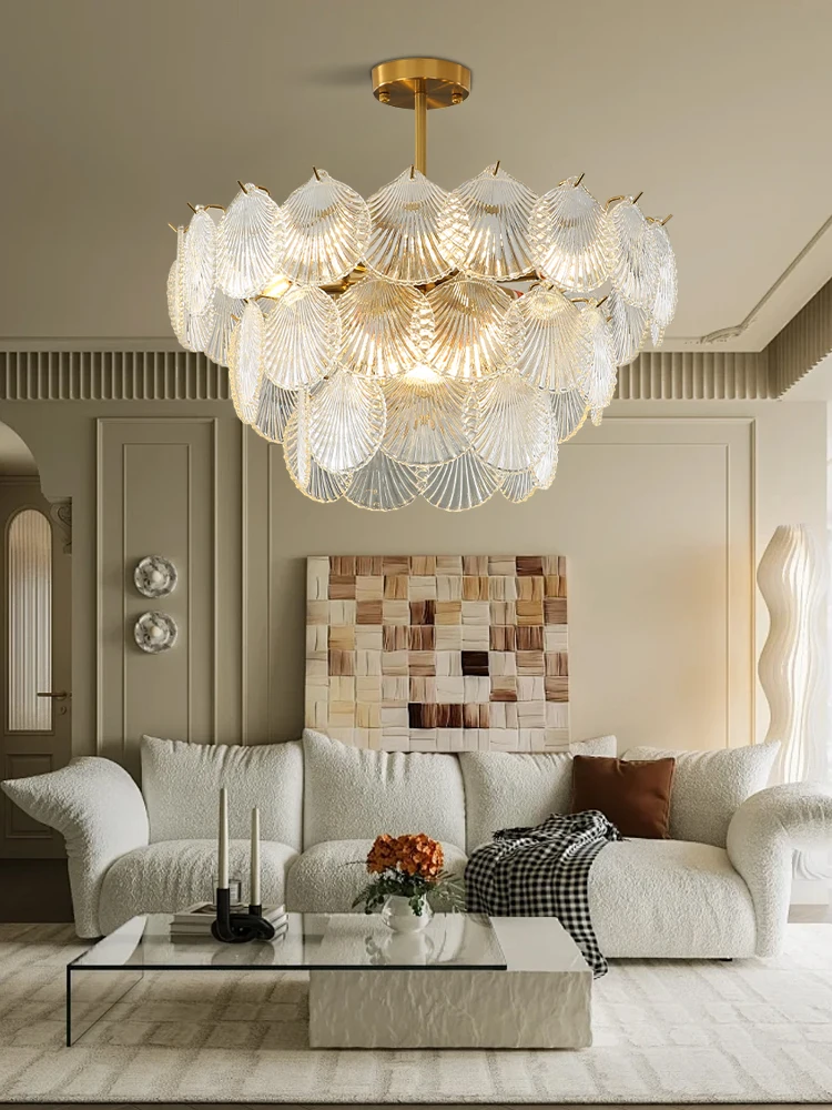 الحديثة الفرنسية نمط واضح الزجاج السقف قلادة ضوء الفاخرة، قذيفة بيضاء الزجاج جولة قلادة مصباح لغرفة المعيشة الديكور #3