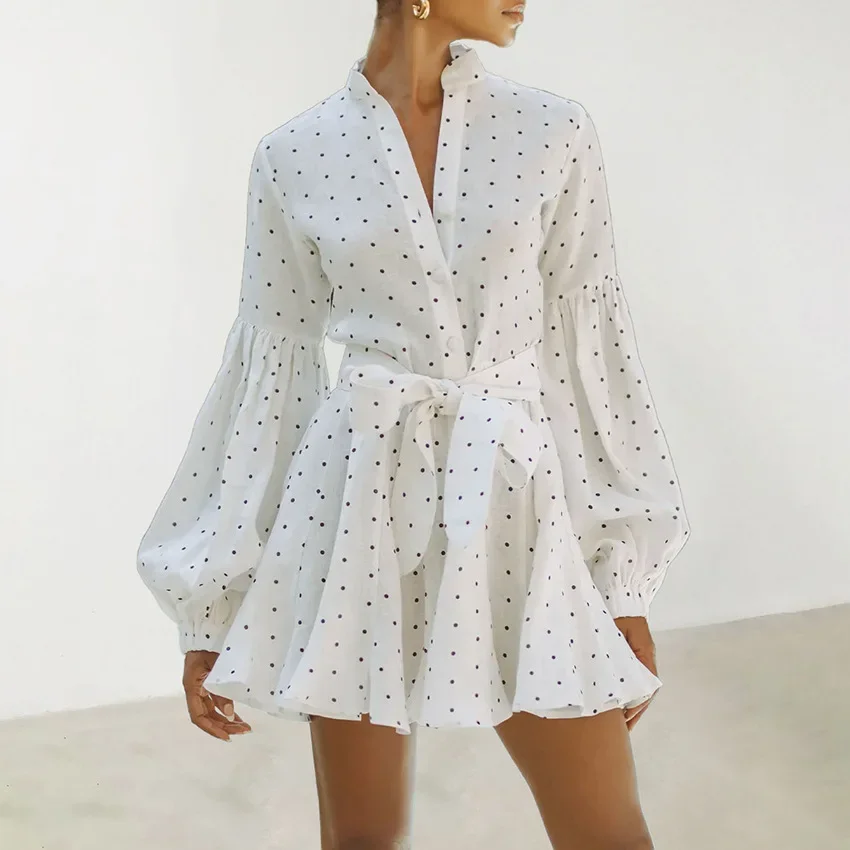 

2025 Fall Winter New Dot Print Dress with Tie Waist Puff Sleeve A-Line Midi Dress Elegant Party Dress for Women
