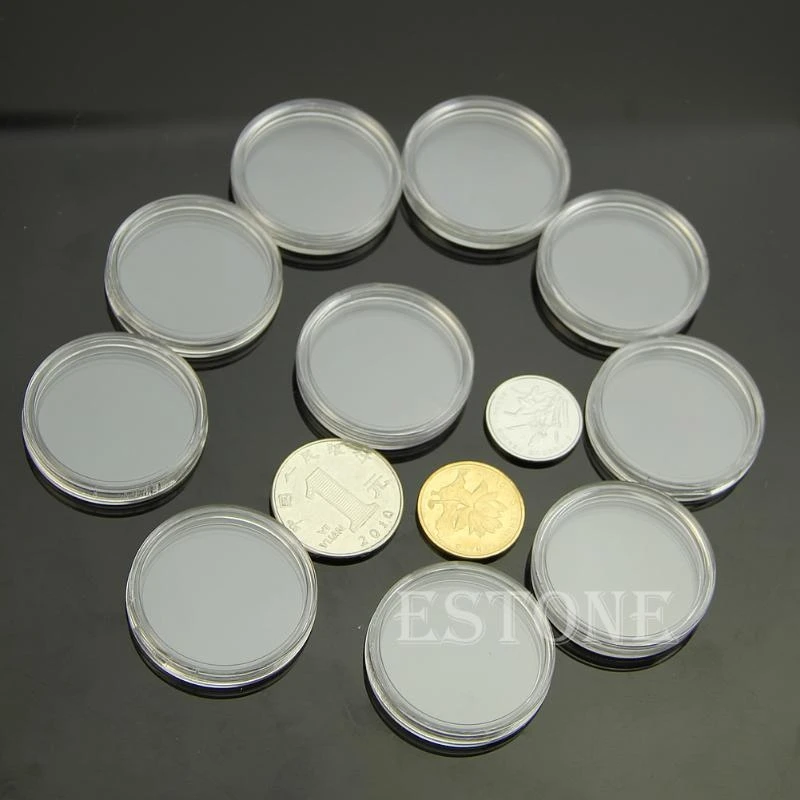 R1WA Coin Storage Box 30mm Clear Round Capsules Holder Set of 10 Container for Home Bedroom Desktop Book Shelf Decor Supplies