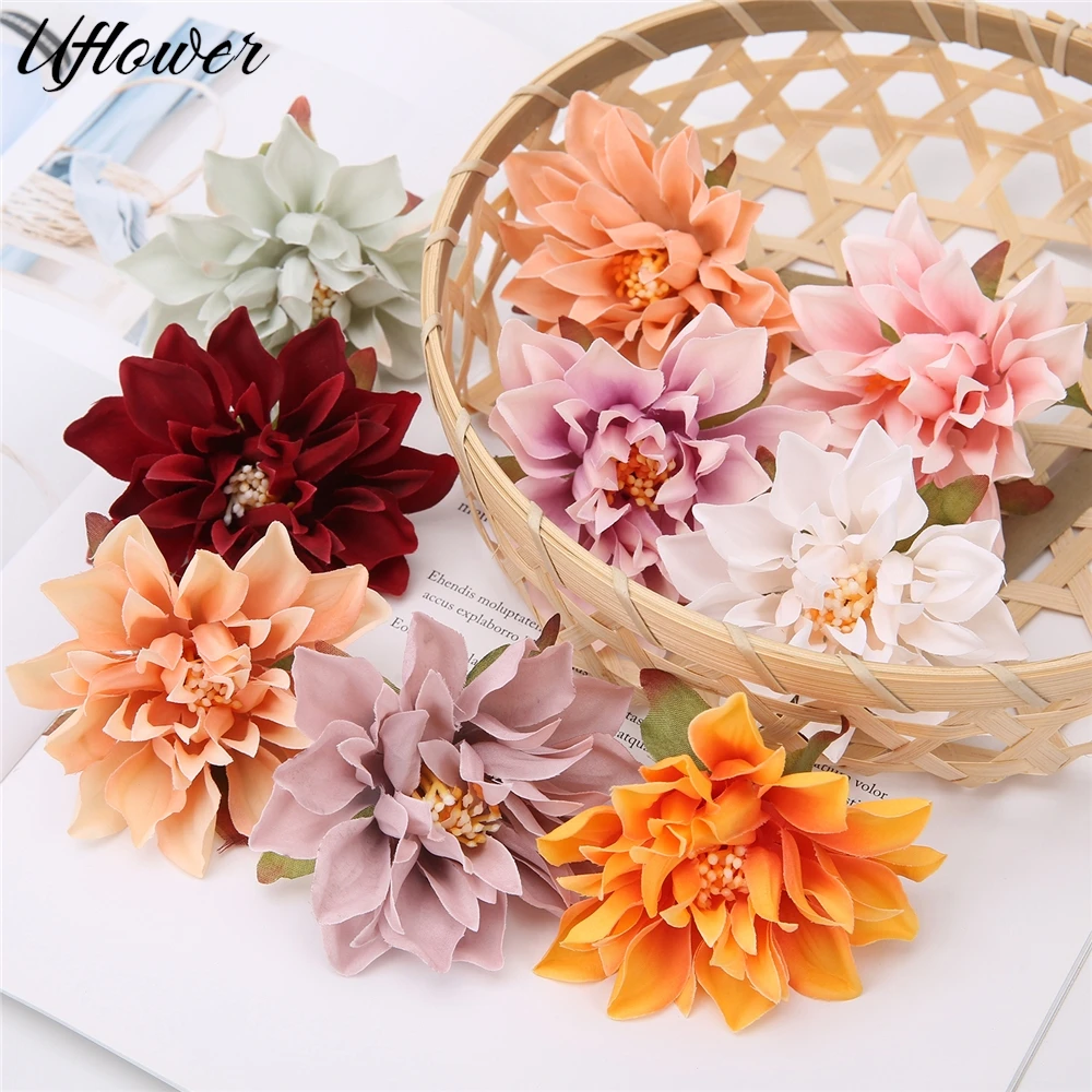 10 Uds. De cabezas de flores de Dahlia, flores artificiales DIY para decoración del hogar, flores falsas, corona de boda, artesanía de Dahlia de seda, accesorios de regalo