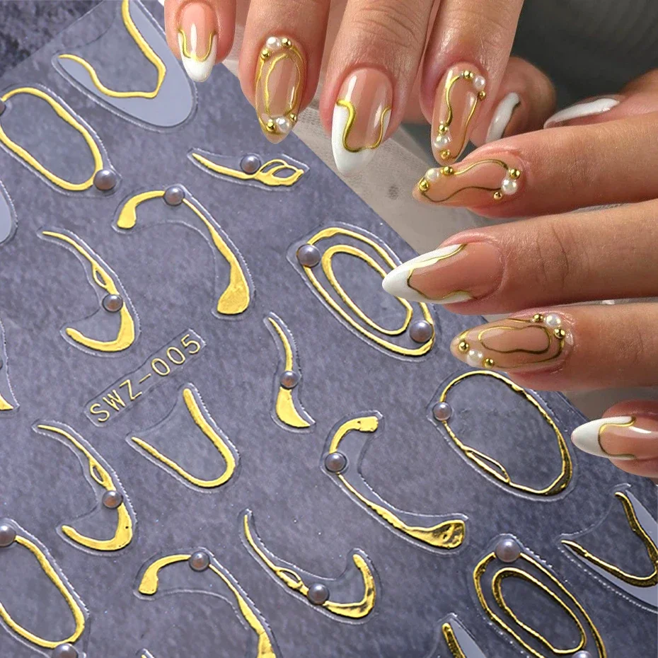 3D Metallic Linien Nagel Aufkleber mit weißen Perle Strass unregelmäßige Streifen Linie Französisch Maniküre Edelstein Schmuck DIY Dekoration Tipps