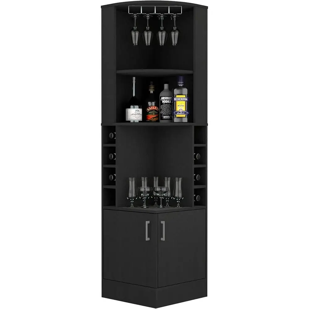 

Black Glass-Top Wine Bar Cabinet with Multi-Tiered Shelves and 8 Bottle Holders