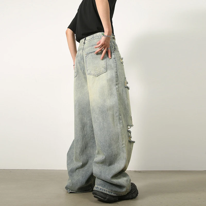 Korean Fashion Hole Ripped Jeans Men Mid-waist Straight Wide Leg Pants Hip Hop Streetwear Vintage Washed Jeans Trousers For Men