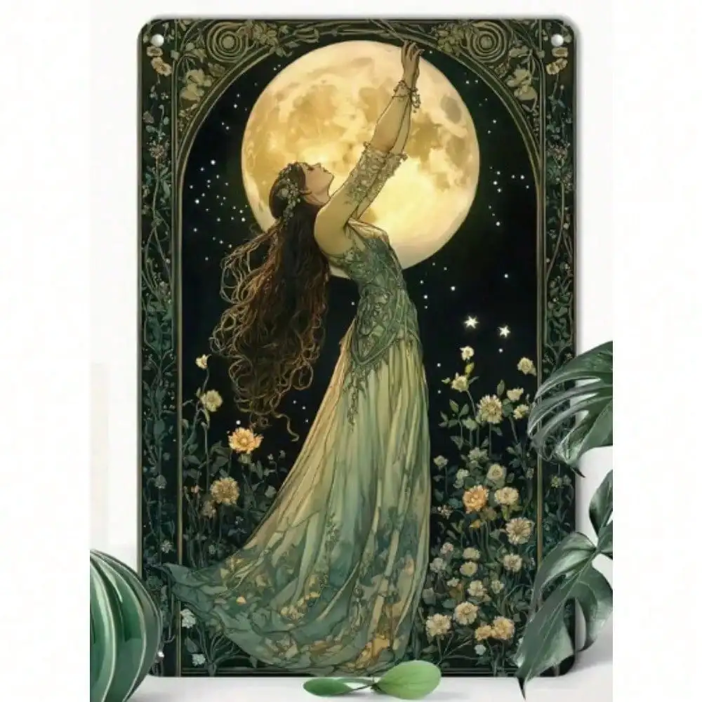 Moon Goddess Metal Wall Art 8x12 Inch, Vintage Boho Hammered Sculpture Decor for Living Room Bedroom