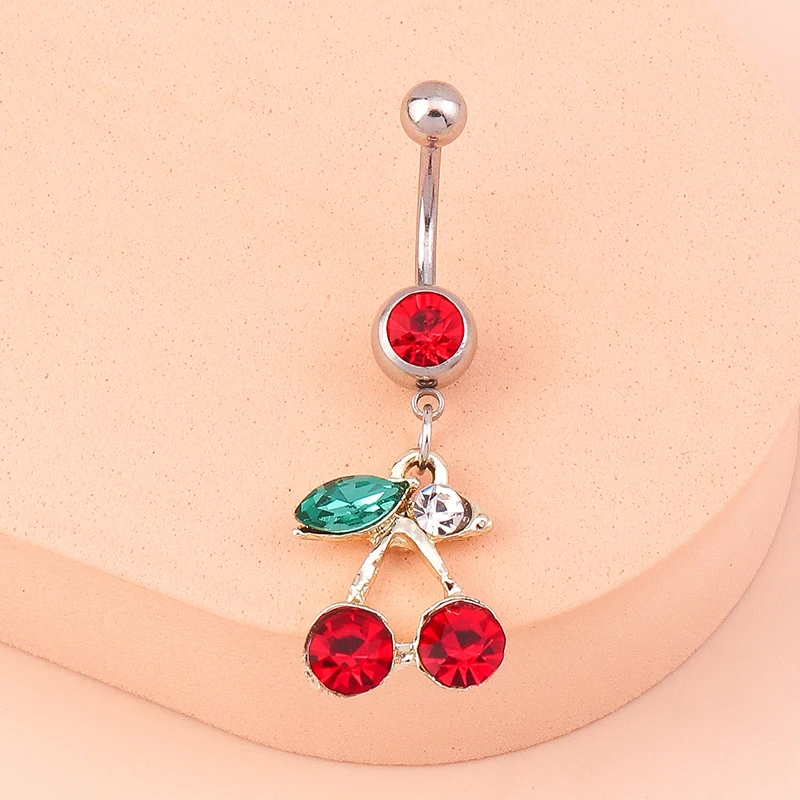 Fashion Crystal Cherry Belly Button Rings Sexy Navel Rings Belly Piercing Body Jewelry Women Girl Party Holiday Jewelry Gifts