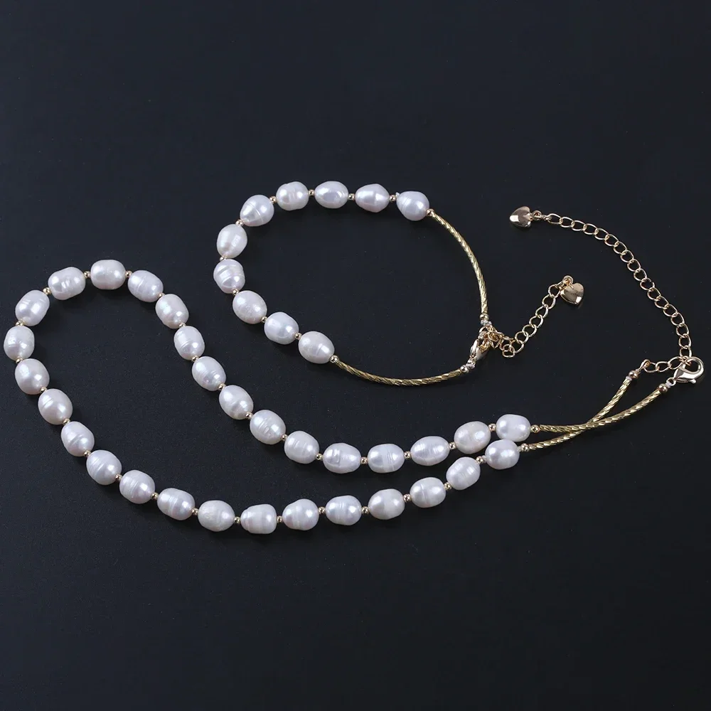 7-8mm White Color Rice Shape Freshwater Pearl 37.5+7cm Necklace/17.5+5cm Bracelet Jewelry Set