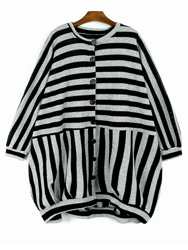 Women Black Gray Striped Big Size Casual Dress New Round Neck Long Sleeve Fashion Tide Spring Autumn X810