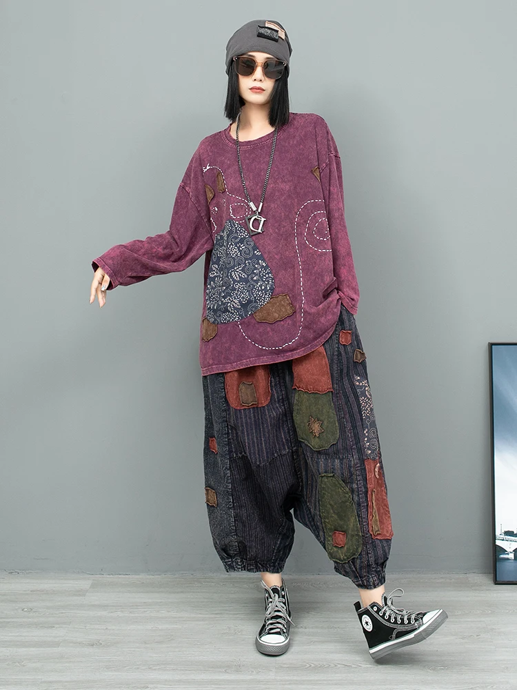 Vintage Hand Embroidered Long Sleeved T-shirt + Wide Crotch Pants Two-piece Set Women 2024 Autumn Fashion Pant Set LX2076