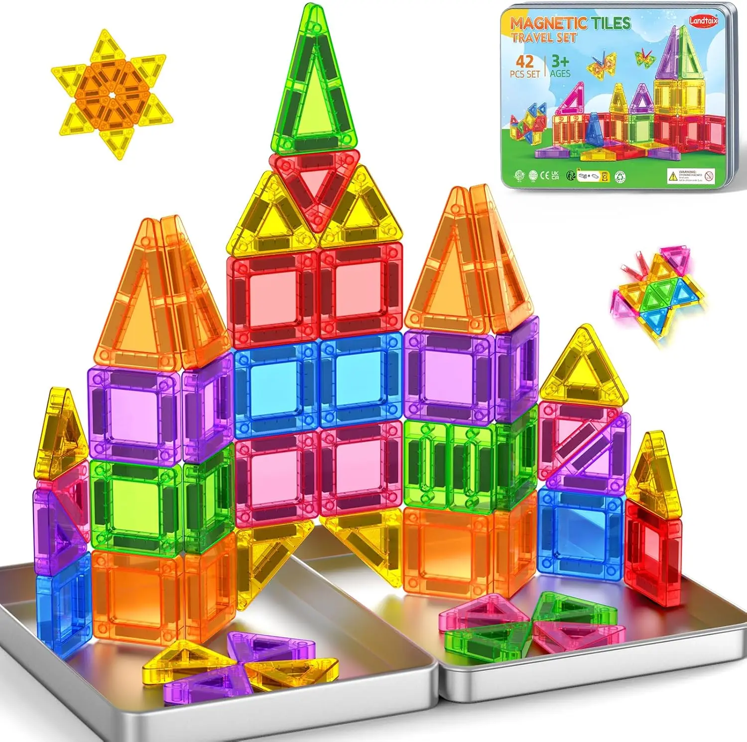 

Mini Magnetic Tiles Travel Set with Iron Box, 42PCS Building Blocks Educational Toys for Ages 3+